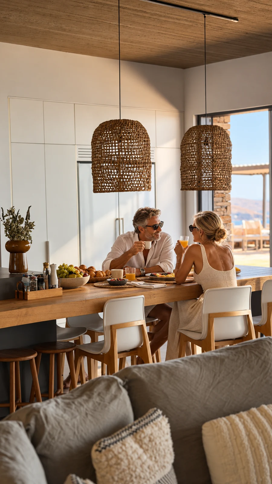 A couple sharing breakfast at the kitchen island in warm morning light