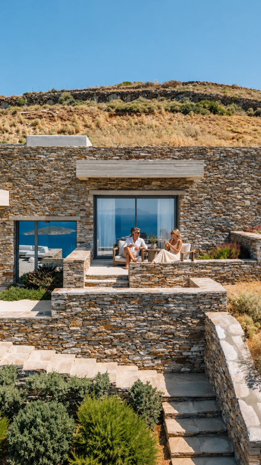 A couple sitting on a private terrace framed by the villa’s stone walls