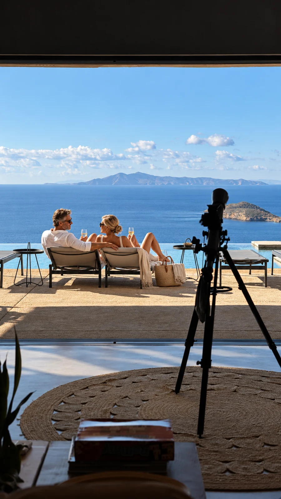 A view through the villa living room towards a couple on the terrace and the Aegean