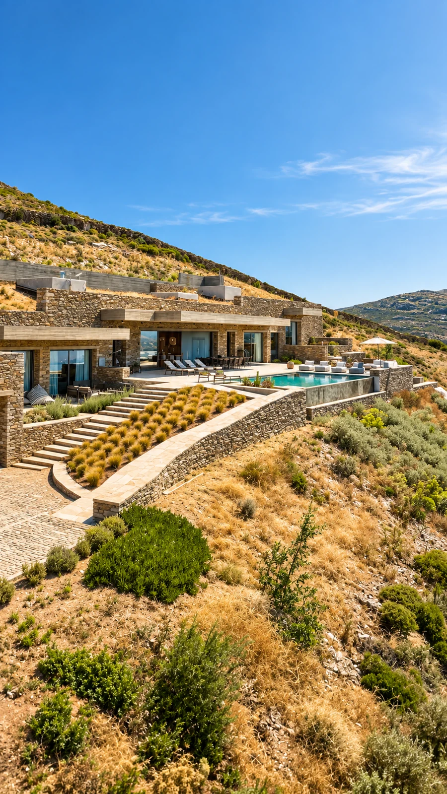 Androsthea’s stone architecture, terraces and infinity pool set into the hillside